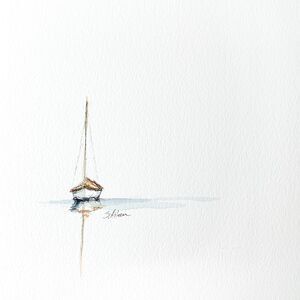 8x8 Maine Original Painting Watercolor Ink Sailboat Nautical New England Signed